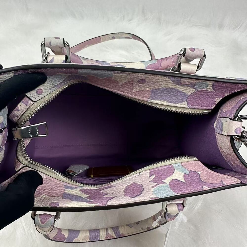 COACH Maggie Small Tote Bag Crossbody Floral Print In Leather Ivory/Purple CBM08 - Picture 7 of 11